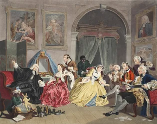 Marriage a la Mode, IV. tábla, The Toilette, illusztráció a „Hogarth Restored: The Whole Works of the híres William Hogarth, re-graves by Thomas Cook”, pub. 1812 (kézzel színezett metszet)