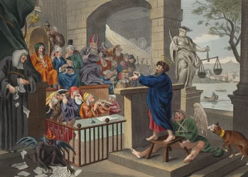 Pál Felix előtt, illusztráció a „Hogarth Restored: The Whole Works of the híres William Hogarth, re-graves by Thomas Cook”, pub. 1812 (kézzel színezett metszet)