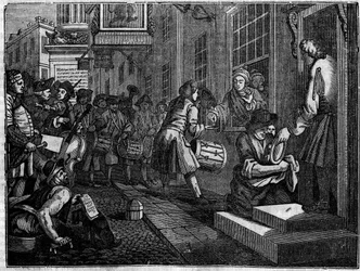 Tányér William Hogarth (1697-1764) brit illusztrátor 12 metszetből álló sorozatából, „Indusz és tétlenség”, „Zele és lustaság”, „Zele és lustaság” című sorozatából, amely két tanonc pályafutását meséli el: Goodchild esküvője takácsmestere lányával.