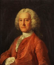Samuel Martin portréja, mellhosszában, rózsaszín kabátban, fehér szárú, csipkeszegélyes fehér ingben, jobb kezét kabátjába bújtatva, 1763 körül