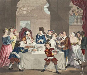 Sancho a lakomán, akit orvosa éheztetett, illusztráció a „Hogarth Restored: The Whole Works of the híres William Hogarth, re-graves by Thomas Cook” című kocsmából. 1812 (kézzel színezett metszet)