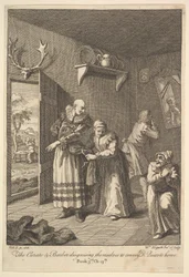 A kurátor és a borbély álcázzák magukat, hogy közvetítsék a Don Quijote otthon hatodik évét..., 1756 vagy azután.