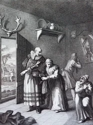 A kurátor és a borbély álcázzák magukat, hogy Don Quijote otthonát közvetítsék. írta William Hogarth