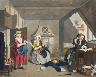The Distressed Poet, illusztráció a „Hogarth Restored: The Whole Works of the híres William Hogarth, újrametszette Thomas Cook”, pub. 1812 (kézzel színezett metszet)