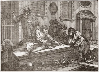 A tétlen tanítvány játékban a templom udvarán, isteni szolgálat közben – Lemez William Hogarth (1697-1764) brit illusztrátor 12 metszetből álló sorozatából, „Ipar és tétlenség”, „A zele és a lustaság” címmel. elmesélve két pályafutását a