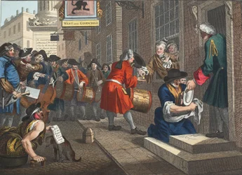A szorgalmas „Prantice az idejéből, és feleségül vette mestere lányát, az „Ipar és tétlenség” VI. táblája, illusztráció a „Hogarth Restored: The Whole Works of the híres William Hoga” című könyvből