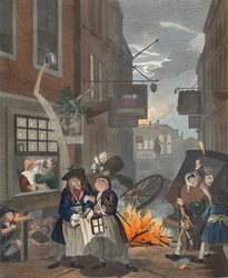 Napszak, éjszaka, illusztráció a „Hogarth Restored: The Whole Works of the híres William Hogarth, újrametszette Thomas Cook”, pub. 1812 (kézzel színezett metszet)
