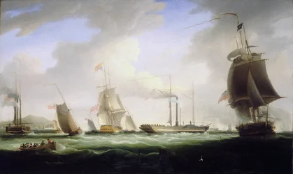 IV. György angol király (1762-1830) a "Villám", a posta első gőzhajójának fedélzetén, amely Dublinba (Írország) tartott, augusztus 12.