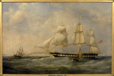 A "Trafalgar" nevű indián hajó, Dover (Anglia) partjainál, 1848-ban épült Blackwallban (Anglia), a Londonból Kalkuttába (India) tartó útra.