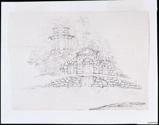 Chiswick, sziklaszó-kaszkád tervezése nyolcszögletű dór templommal a teraszon (toll és tinta ceruza fölött papíron)