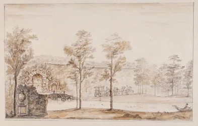 Chiswick, rusztikus vízeséshez és teraszhoz állított híd (toll és tinta, valamint papíron átmosható ceruza)
