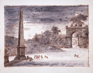 Chiswick, a Burlington Lane Gate és az obeliszk a holdfényben Kenttel az obeliszk mellett ülve álmodozva, játékban lévő nyulakkal, 1732 körül (toll, tinta és mosás papíron)