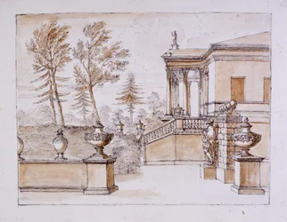 Chiswick, kilátás a villára az Inigo Jones szobor oldalán (toll és tinta, valamint átmosható ceruza papíron)