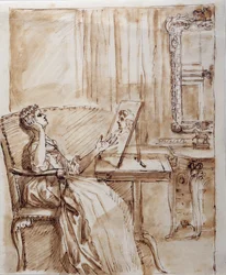 Lady Burlington a kerti szobájában ül, és egy öreg mester (?) rajzában gyönyörködik (toll és tinta papíron)