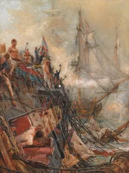 "Megnyomorodott, de legyőzhetetlen": H.M.S. „Belleisle” Trafalgarban, 1805. október 21. (olaj, vászon)