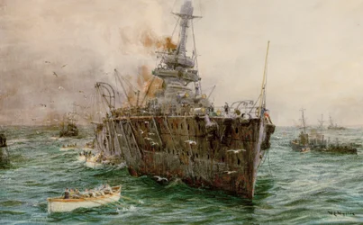 A HMS "Audacious" elsüllyed a Loch Swilly-nél, miután aknára futott, 1914. október 27., 20. század eleje (akvarell)