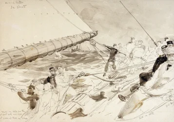 A "Meteor" német császári jacht (1902) fedélzetén, jobbra a legénység tagjai, köztük II. Vilmos német császár (Kaizer) (1859-1941) neveivel.