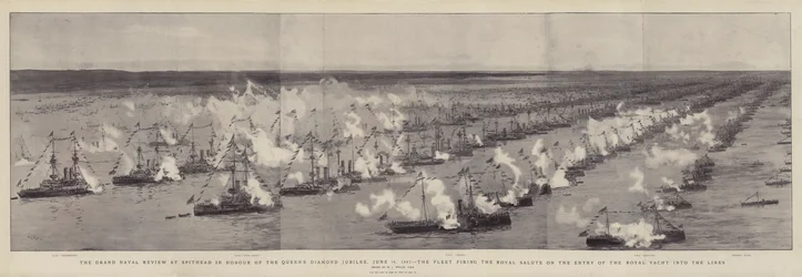 Nagy Haditengerészeti Szemle Spitheadben a királynő gyémánt jubileumának tiszteletére, 1897. június 26-án, a flotta királyi tisztelgést lőtt a királyi jacht vonalba lépésekor