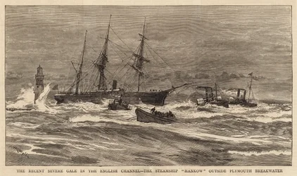 A közelmúltban történt súlyos szélütés a La Manche csatornában, a Hankow gőzhajó a Plymouth Breakwater mellett