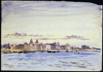 A Greenwich-i (Anglia) Királyi Tengerészeti Főiskola látképe a Temzén, naplementében, a Blackwallról (a túlpartról). William Lionel Wyllie (1851-1931) akvarellje, 20. század eleje.