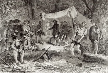 Az első nap Jamestownban, 1607. május 14., Augustus L. Mason "The Romance and Tragedy of Pioneer Life" című művéből, 1883 (metszet) (bundw fotó)