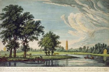 Kew, Kilátás a tóra és a szigetre a gyepről, a híddal, Arethusa és Victory templomaival, valamint a Kew-i királyi kertben lévő Nagy pagodával