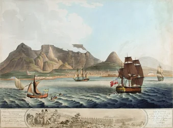 Kilátás a Jóreménység-fokra...A csata a megadást megelőzően...1806. január 8. (színes akvatinta)