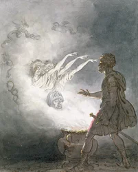 Macbeth és a fegyveres fej megjelenése, IV. felvonás, I. jelenet a „Macbeth”-ből, William Shakespeare (1564-1616) 1820 körül (wc, mosás, toll és tinta papíron)