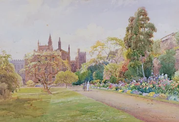 A hosszú sétány és a virágágyás májusban - New College, Oxford, kb. 1918