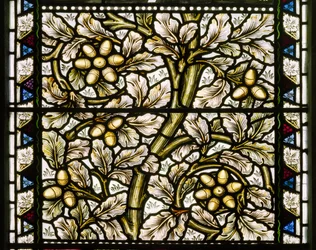 Kirkcaldy Old Kirk, Morris & Co., William Morris, makkok és tölgyfalevelek, 1886