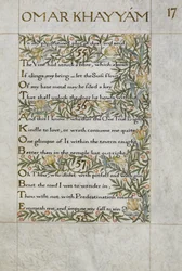 Omar Khayyam Rubaiyat-ja; 55-57. versek. Kalligrafikusan írta és díszítette William Morris, lombos és virágos szegélyekkel.