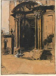 A régi Ashmolean Múzeum ajtaja, Oxford (toll és tinta, fekete kréta és mosás fehér kiemeléssel a pauszpapíron)