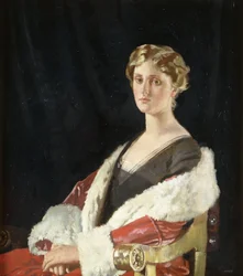Nancy Oswald Smith portréja félhosszúságban ülve, vörös szőrmével bélelt kabátban, 1915