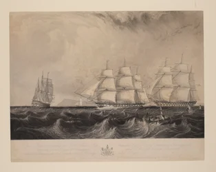 Ez a nyomat a "Vernon" nevű kelet-indiai hajót ábrázolja, Geo. Denny, parancsnok, kifelé tartó, 30 lóerős gőzgéppel felszerelt hajóját, amely 1839. szeptember 21-én a Benbridge [sic, i.