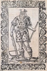 Szőrmeruhás férfi, számszeríjjal és csavart hegyű cipővel (példa a kezdetleges sílécekre), Cesare Vecelliónak (1521-1601) tulajdonított illusztráció, amelyet Olaszországban adtak ki a 16. században