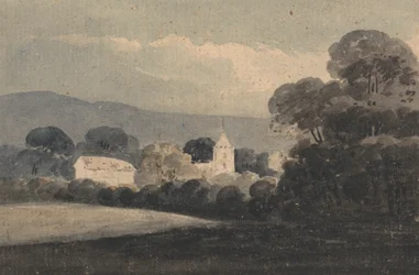 Táj egy templommal a fák között
