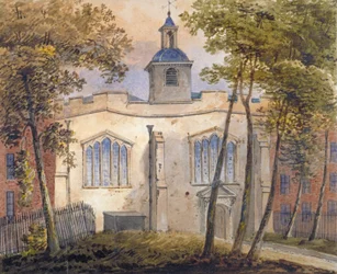 A Szent Ilona-templom nyugati látképe, Bishopsgate, London City, kb. 1810