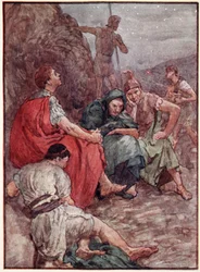 Brutus és társai a Philippi csata után, illusztráció a „Plutarkhosz életei fiúknak és lányoknak” című könyvéből, amelyet W.H. Weston, London 1910 körül (színes litho)