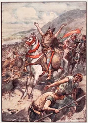„Ha győzelmet adsz nekem ezeken az ellenségeken, megkeresztelkedek a nevedben”, tábla Mary MacGregor „Franciaország történetéből”, 1920 (színes litó)