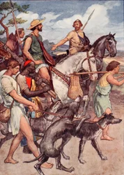 Pelopidasz elindul Thébába, illusztráció a "Plutarkhosz életei fiúknak és lányoknak" című műből, W.H. Weston átdolgozása, London, 1910 körül (színes litográfia).