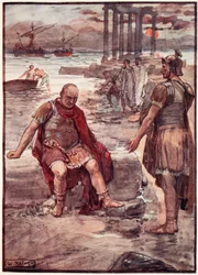 A száműzött Marius Karthágó romjai között, illusztráció a „Plutarkhosz életei fiúknak és lányoknak” című könyvéből, amelyet W.H. Weston, London 1910 körül (színes litó)