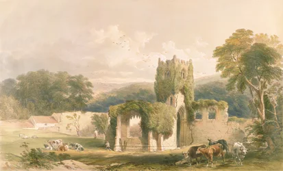 Mount Grace perjelség, a templom külseje, a „The Monastic Ruins of Yorkshire” című műből, George Hawkins (1819-52) metszete, 1842