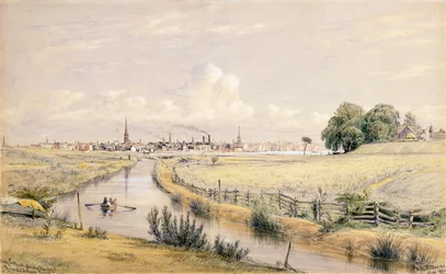 Jersey City egy bepillantással New Yorkba a Bergen-csatornából, 1854