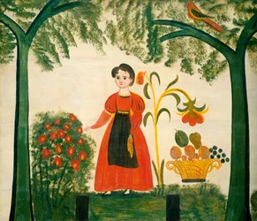 Piros ruhás lány virágokkal és distelfinkkel, 1830 körül (olaj, fa (tűzifa))