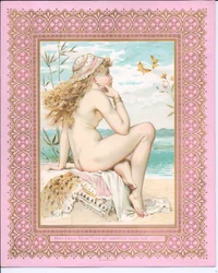 Viktoriánus újévi kártya egy strandon fürdőző szépségről, 1881 körül