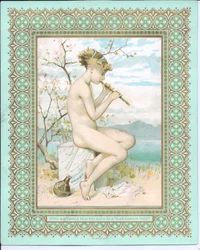 Viktoriánus újévi kártya egy strandon fürdőző szépségről, aki furulyázik, 1881 körül