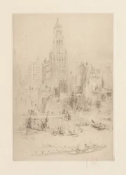 Manhattan belvárosa az East River felől, a Woolworth épülettel