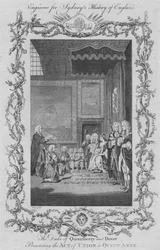 Queensberry és Dover hercege bemutatja az egyesülési okmányt Anne királynőnek, 1773.