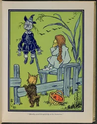 "Dorothy elgondolkodva néz a madárijesztőre", illusztráció Lyman Frank Baum "Óz, a csodálatos varázsló" című művéből.