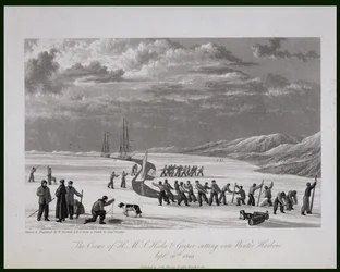 A H.M.S. legénysége Hecla und Griper bevágott a Winter Harbourba, 1819. szeptember 26-án, a „Journal of a Voyage for the Discovery of the Discovery of the North West Passage from Atlantic the Pacific” című művéből.